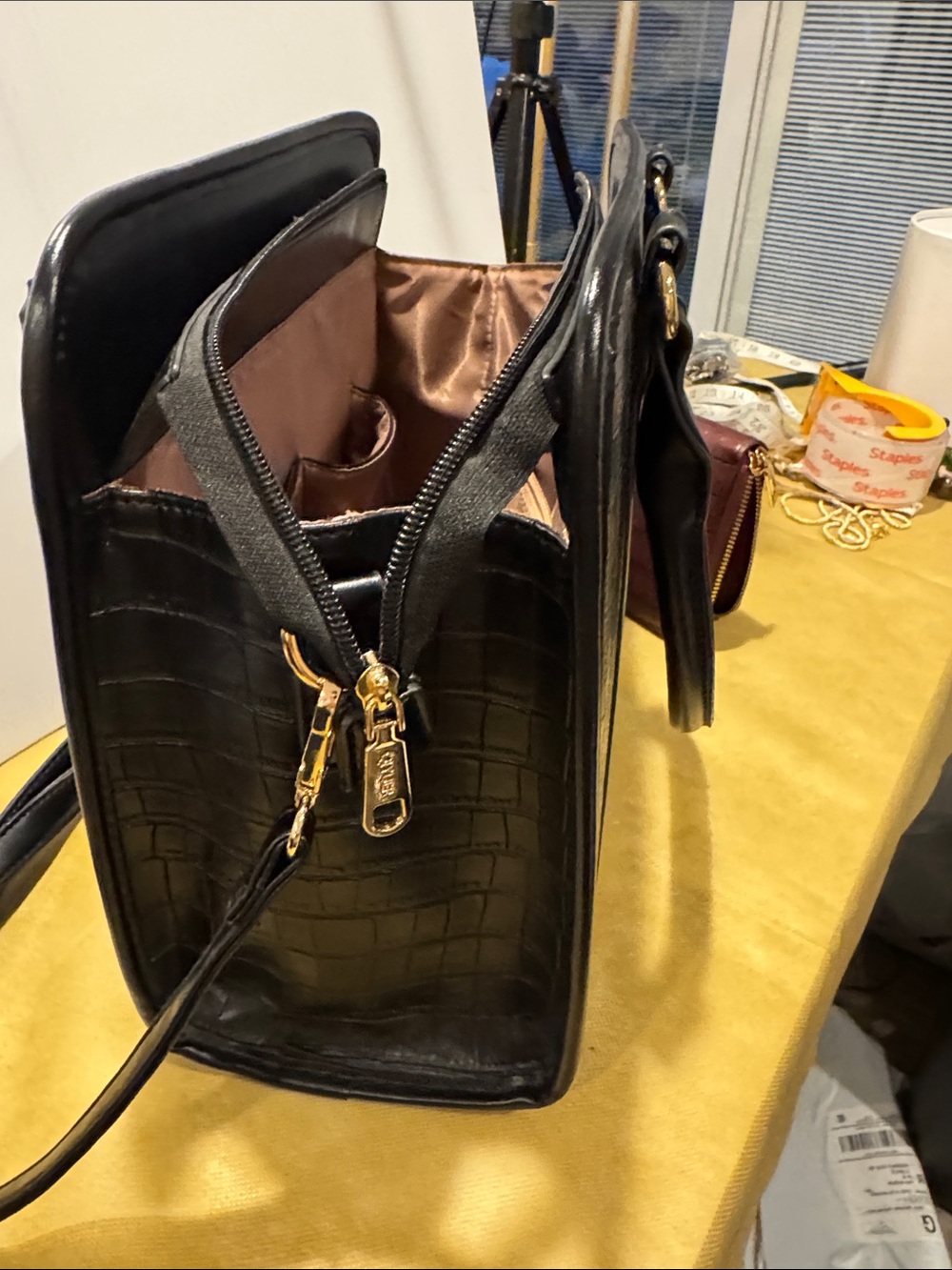 Croc-Embossed Black and Burgundy Satchel with Gold Accent Matching Billfold - Picture 5 of 14